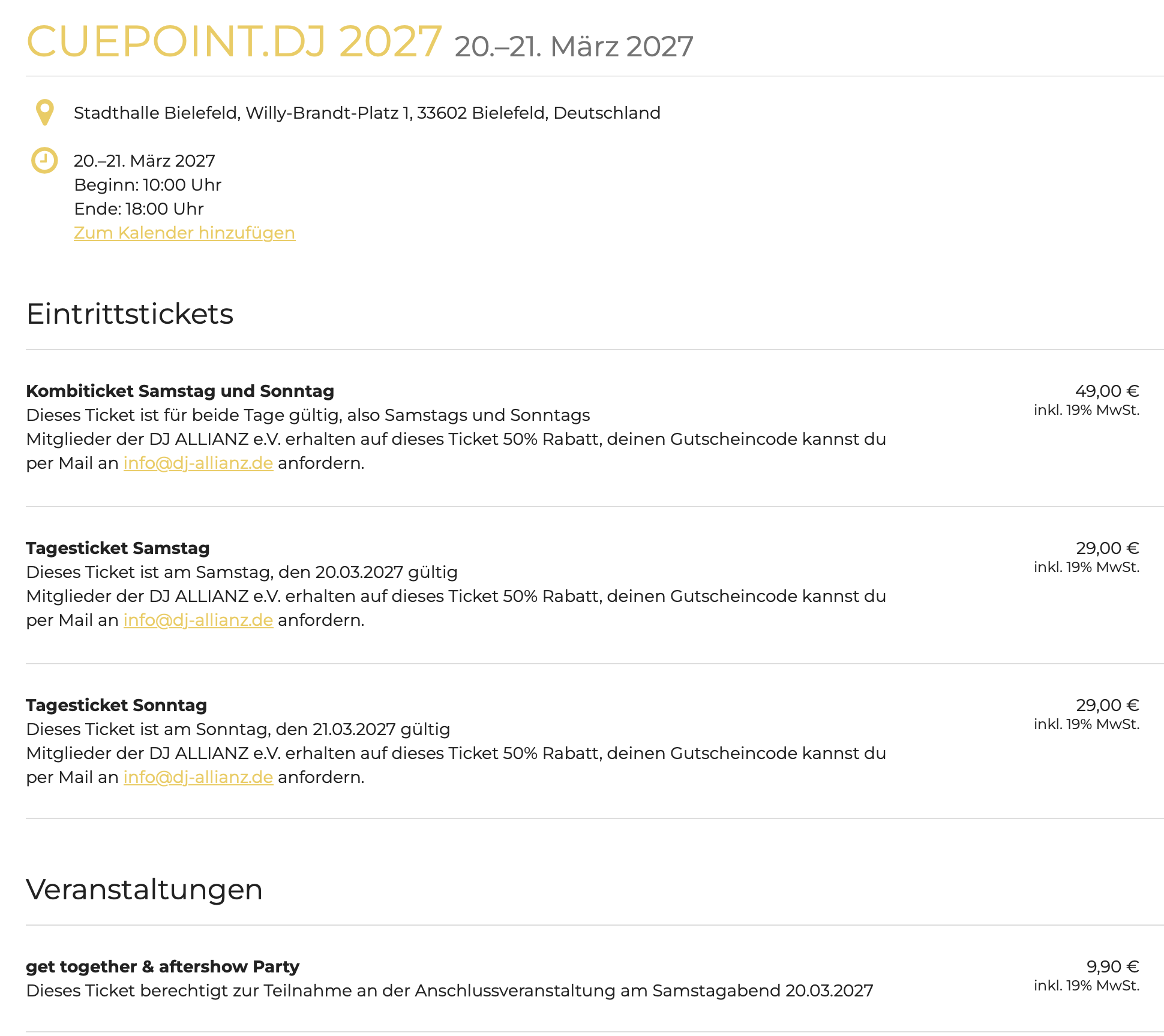 Darstellung der Ticketpreise für die DJ Messe in Bielefeld 2027